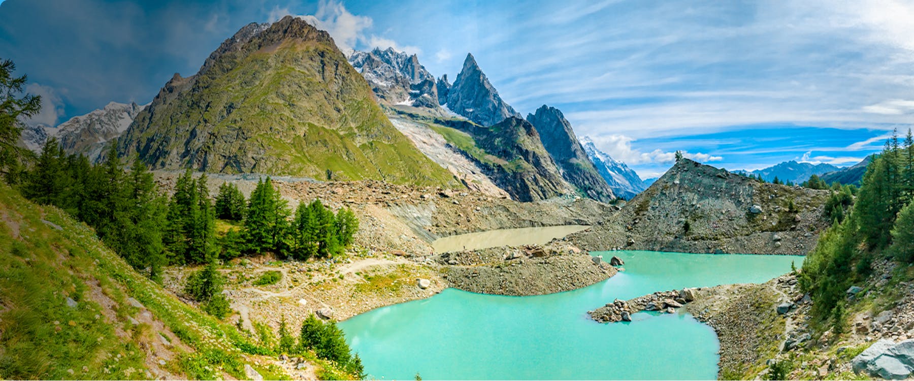 Mountain landscape with turquoise lake and green hills in Aosta Valley, Italy.