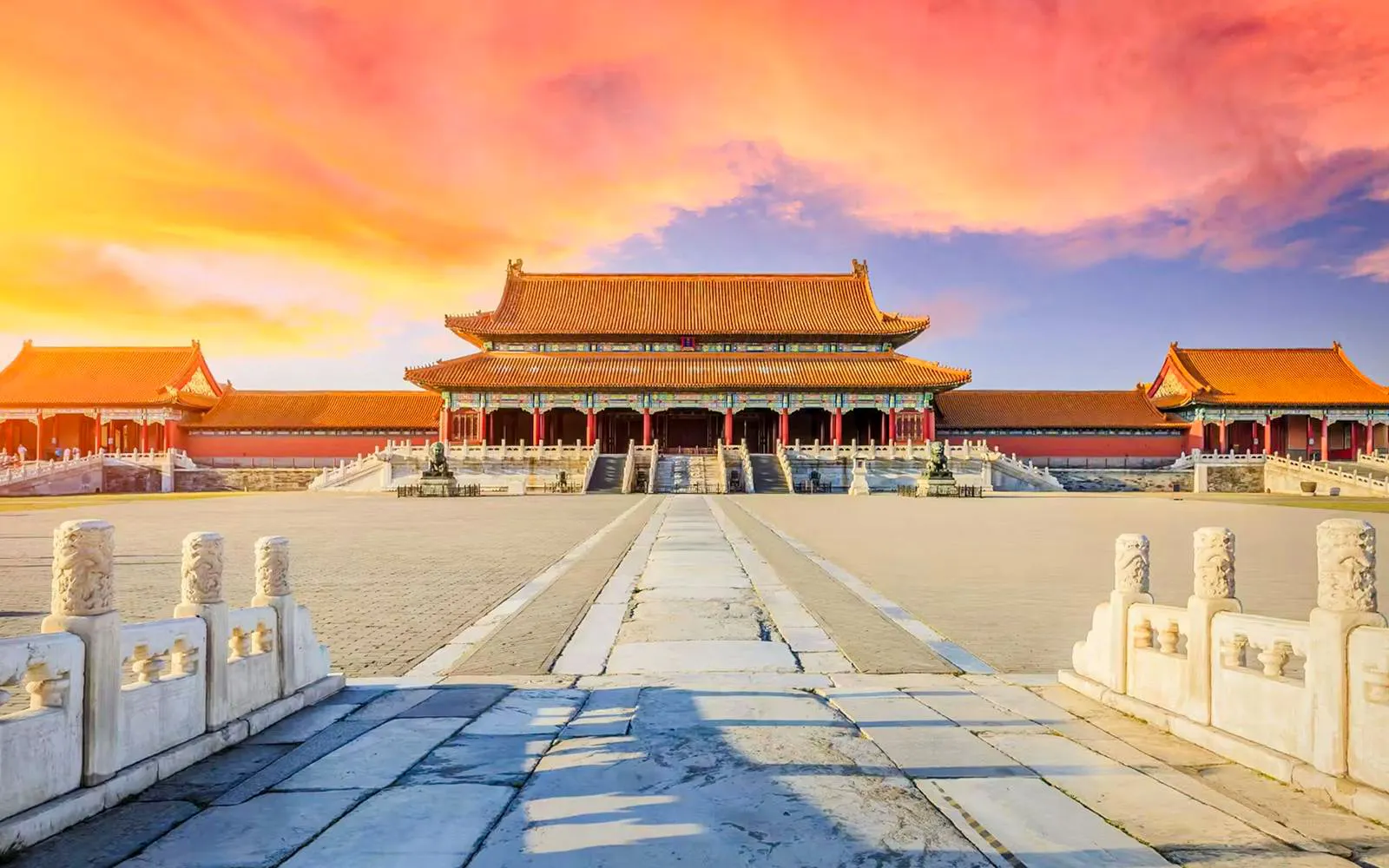 Hall of Supreme Harmony in the Forbidden City, Beijing, under a vibrant sky.