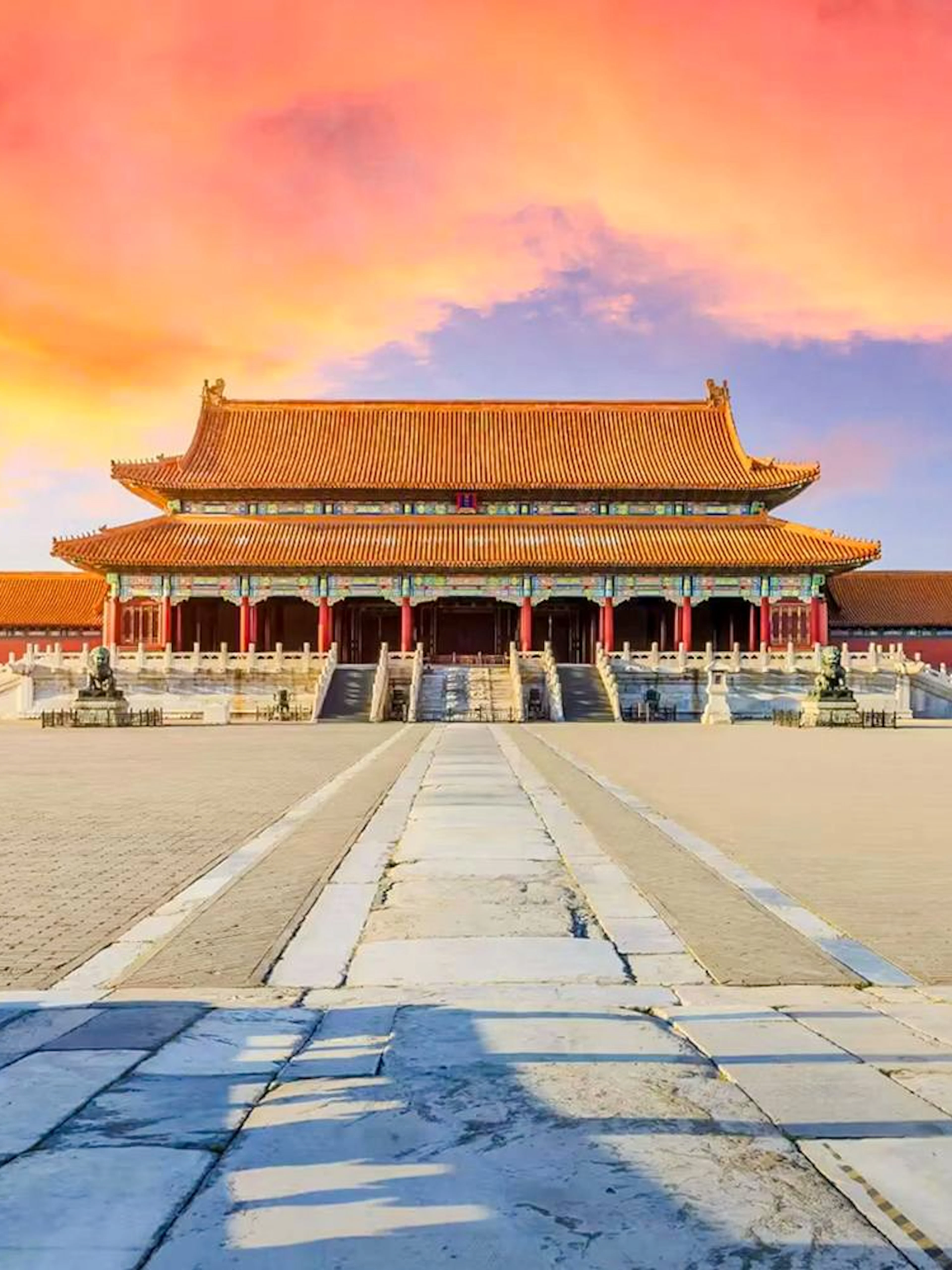 Hall of Supreme Harmony in the Forbidden City, Beijing, under a vibrant sky.