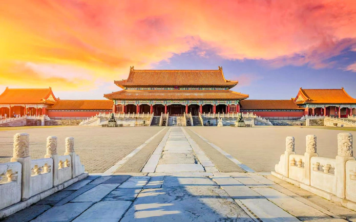 Hall of Supreme Harmony in the Forbidden City, Beijing, under a vibrant sky.