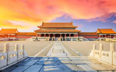 Hall of Supreme Harmony in the Forbidden City, Beijing, under a vibrant sky.