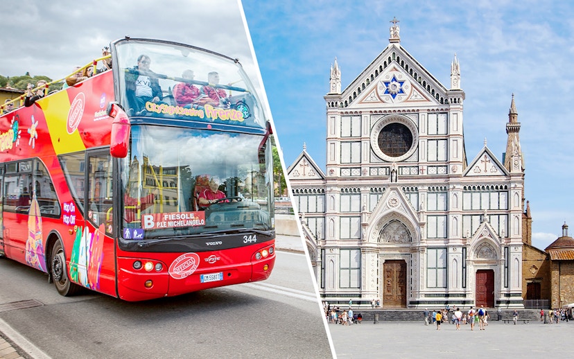 Open-top sightseeing bus in Florence and Basilica of Santa Croce.