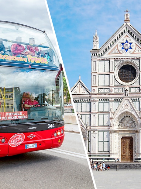 Open-top sightseeing bus in Florence and Basilica of Santa Croce.