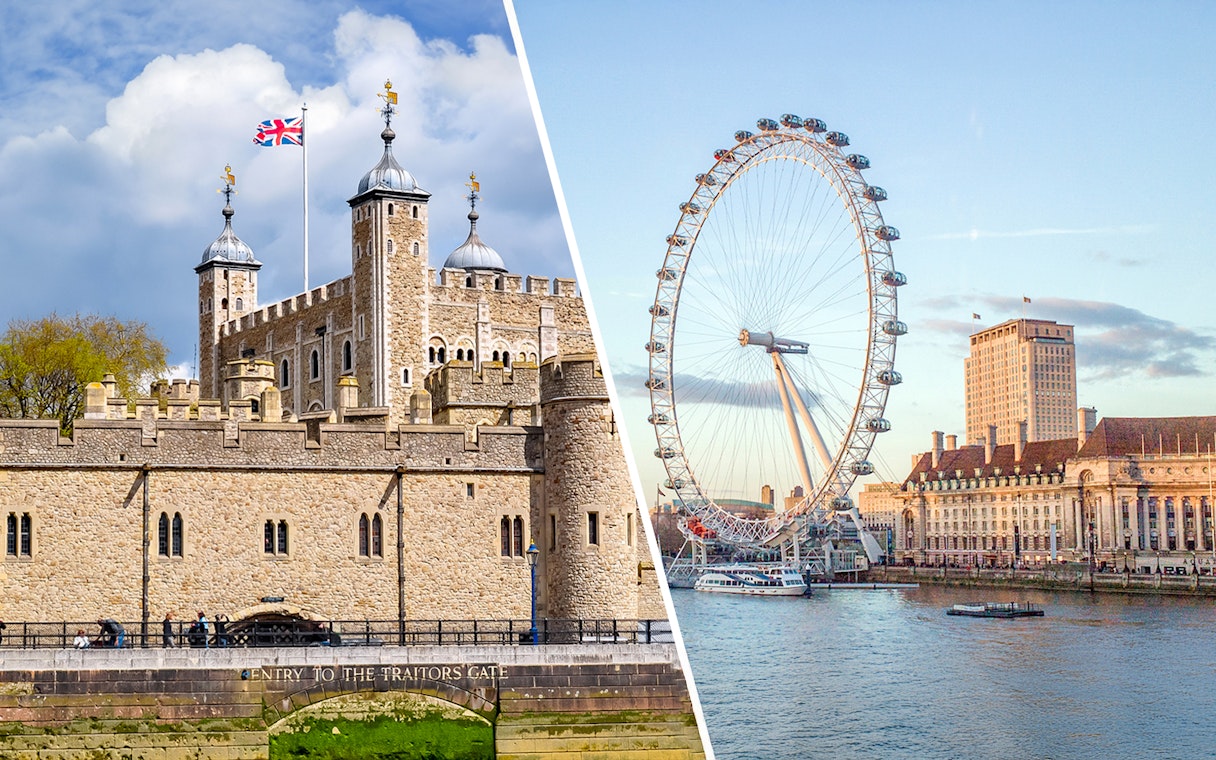Tower of London with Union Jack flag and London Eye on the Thames River.