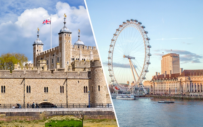 Tower of London with Union Jack flag and London Eye on the Thames River.