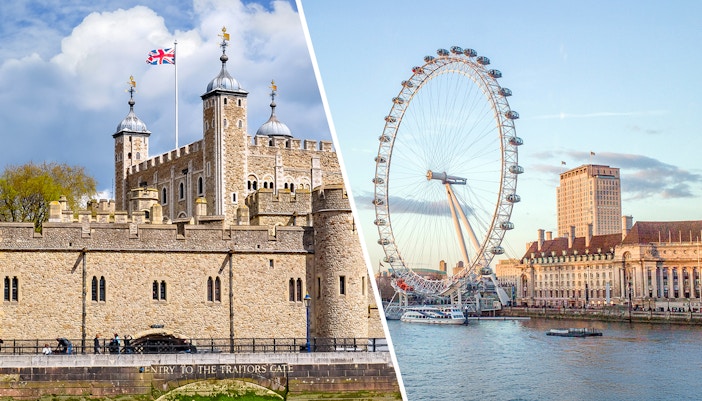 Tower of London with Union Jack flag and London Eye on the Thames River.