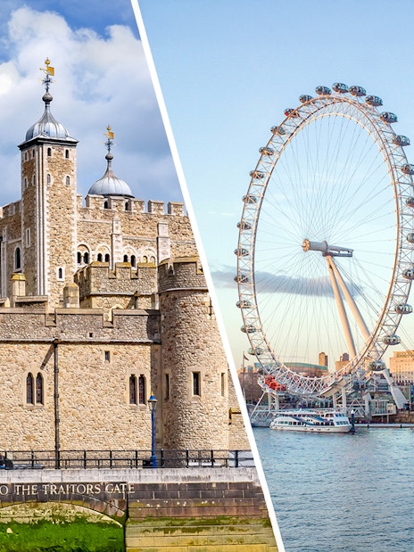 Tower of London with Union Jack flag and London Eye on the Thames River.