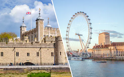 Tower of London with Union Jack flag and London Eye on the Thames River.