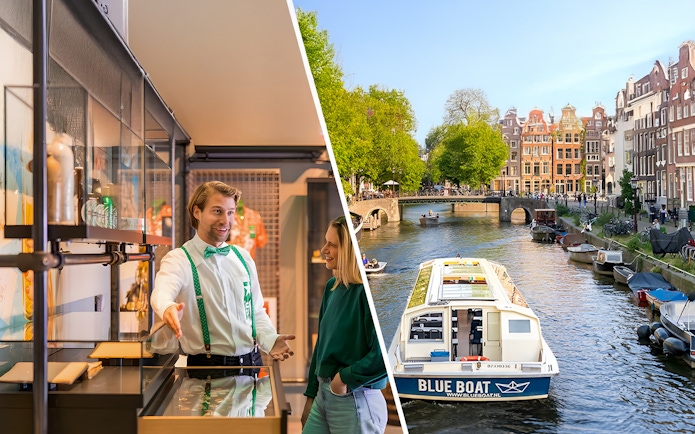 Heineken Experience guide with visitor and Amsterdam canal cruise boat.