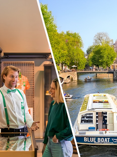Heineken Experience guide with visitor and Amsterdam canal cruise boat.
