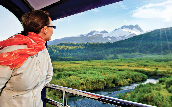 Passenger enjoying scenic view of Alaskan mountains and forest from Alaska Railroad train.