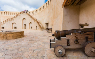 Fortifications and cannons at Nizwa Fort, Oman, with tourists on the staircase.