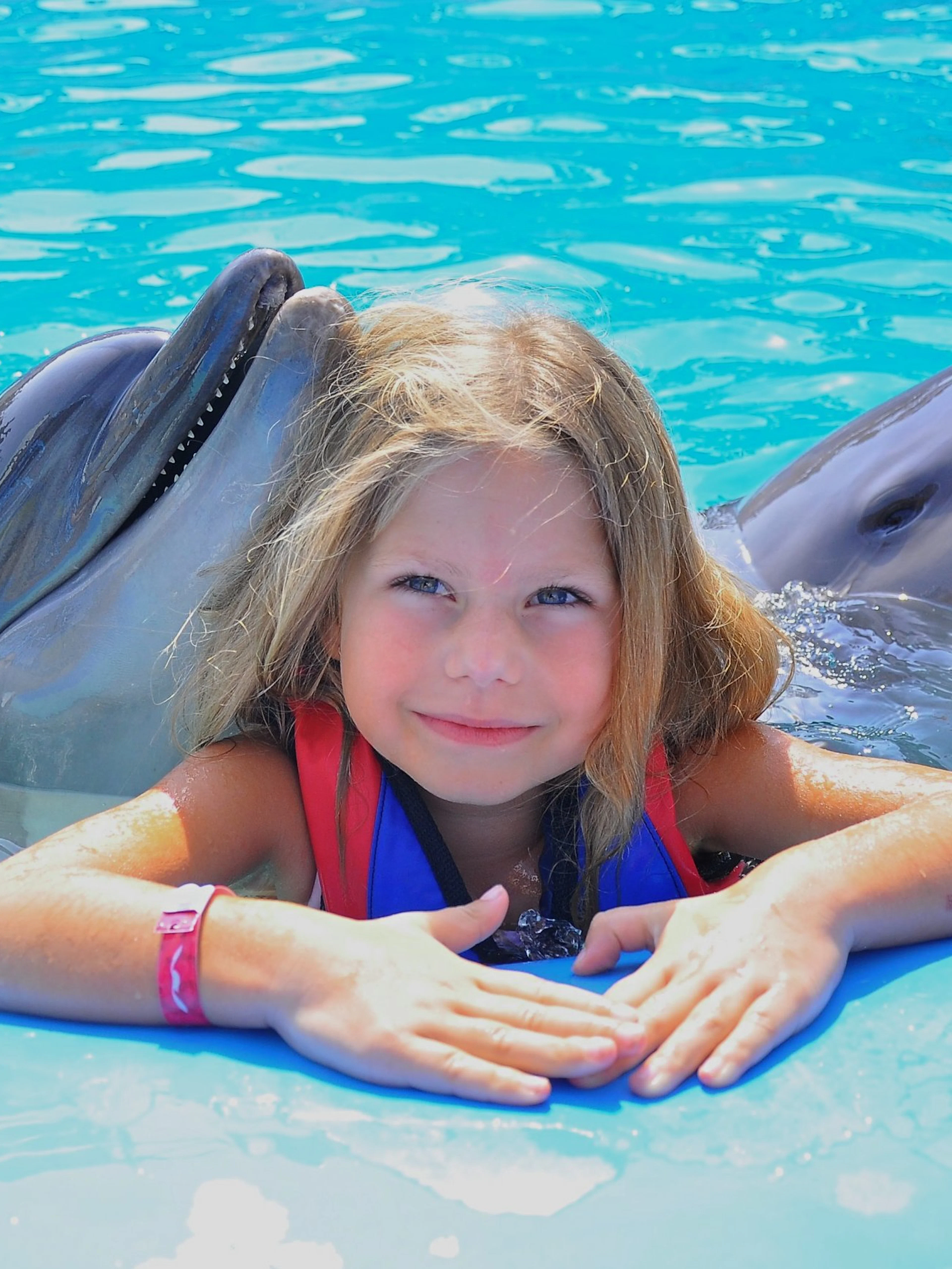Girl with dolphins at Hurghada Dolphin Show, Egypt Dolphin World.