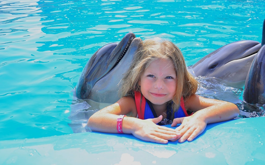 Girl with dolphins at Hurghada Dolphin Show, Egypt Dolphin World.