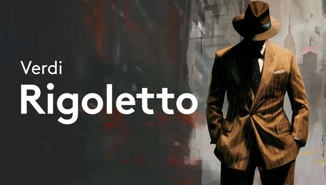 Rigoletto opera poster with a silhouette of a man in a suit and hat.