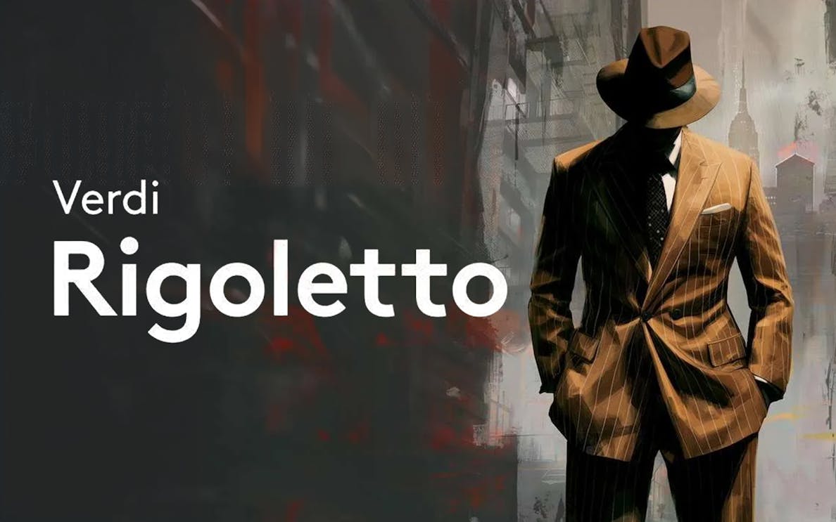 Rigoletto opera poster with a silhouette of a man in a suit and hat.