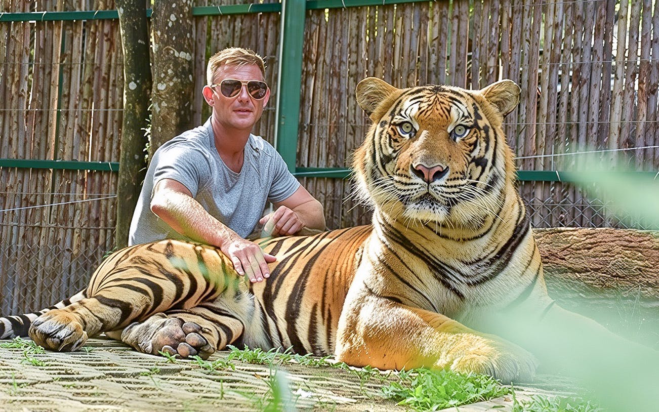 Man pets a tiger lying on grass at Tiger Kingdom experience.