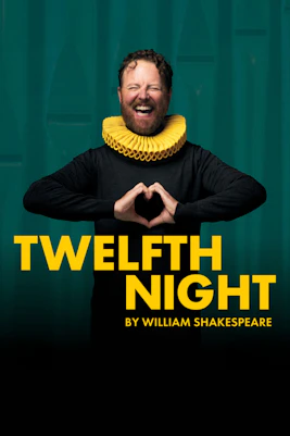 Actor in ruff collar smiling with "Twelfth Night by William Shakespeare" text.