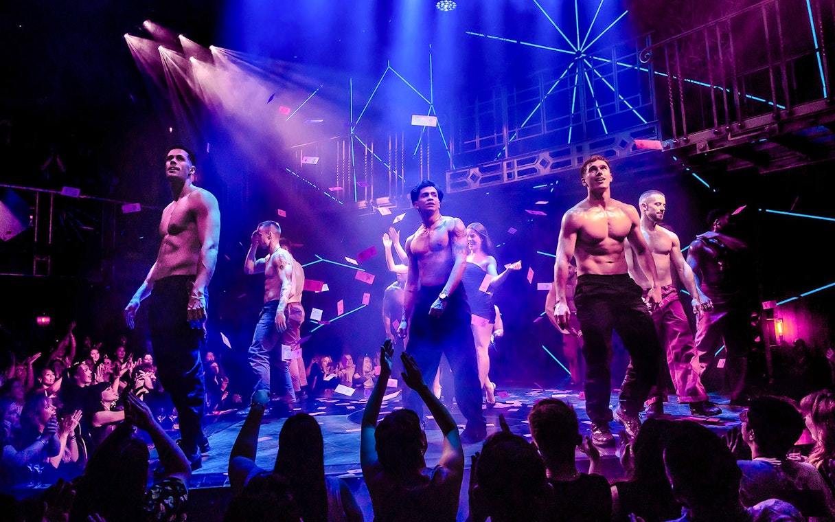 Performers on stage during Magic Mike Live show with audience in foreground.
