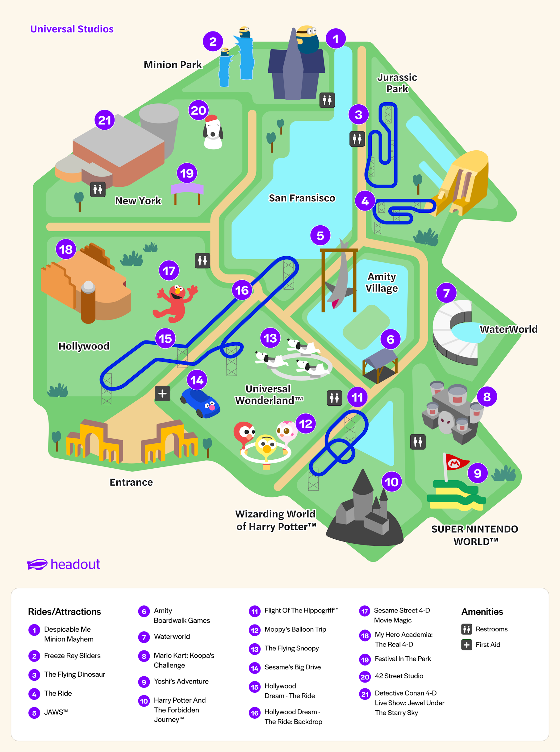 Universal Studios Japan park map highlighting attractions and themed areas in Osaka, Japan.