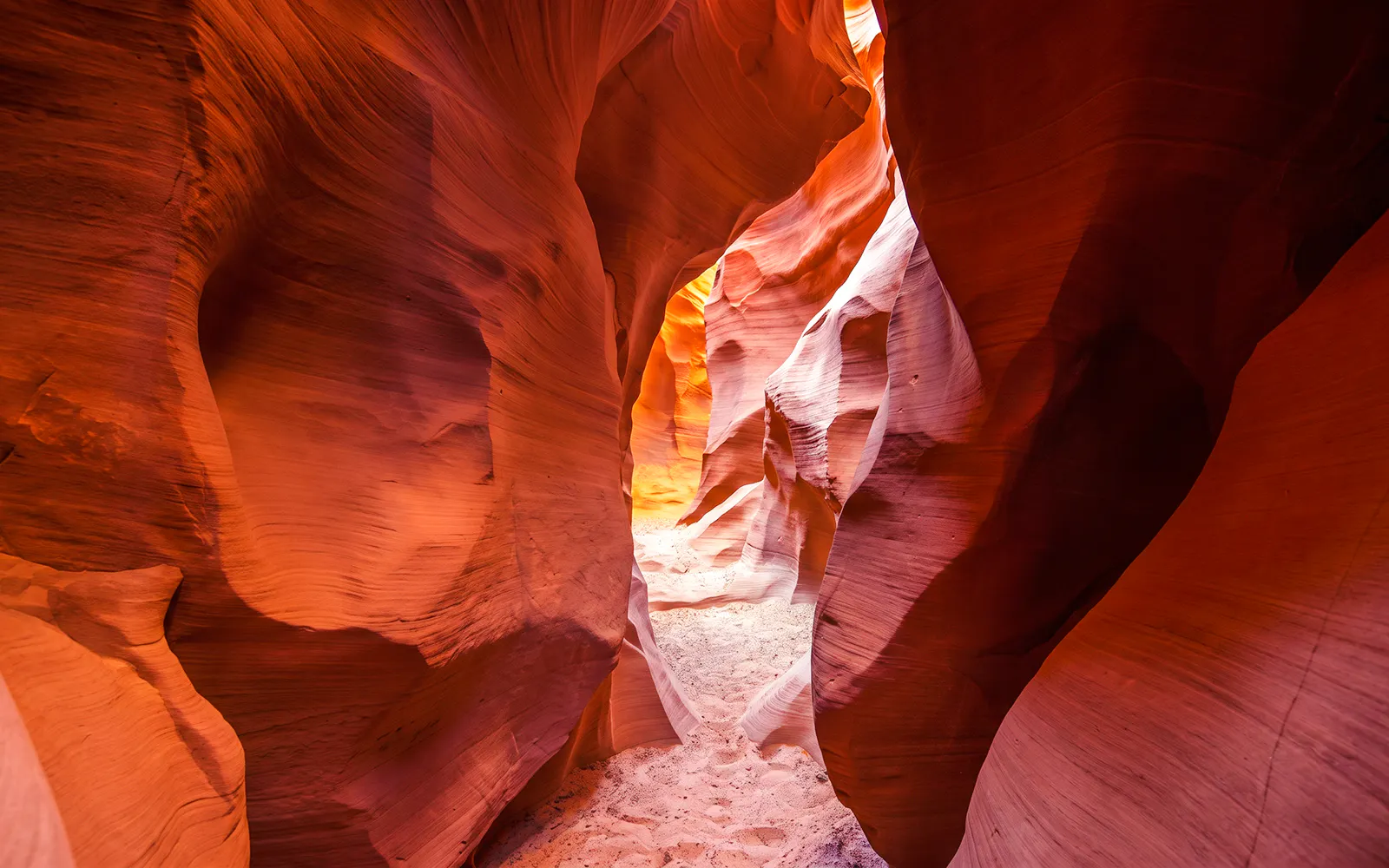 Secret Antelope Canyon's narrow sandstone passage with sunlight filtering through.