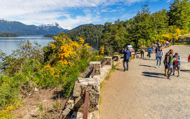 Scenic overlook with tourists enjoying panoramic views of lakes and forests in Patagonia.