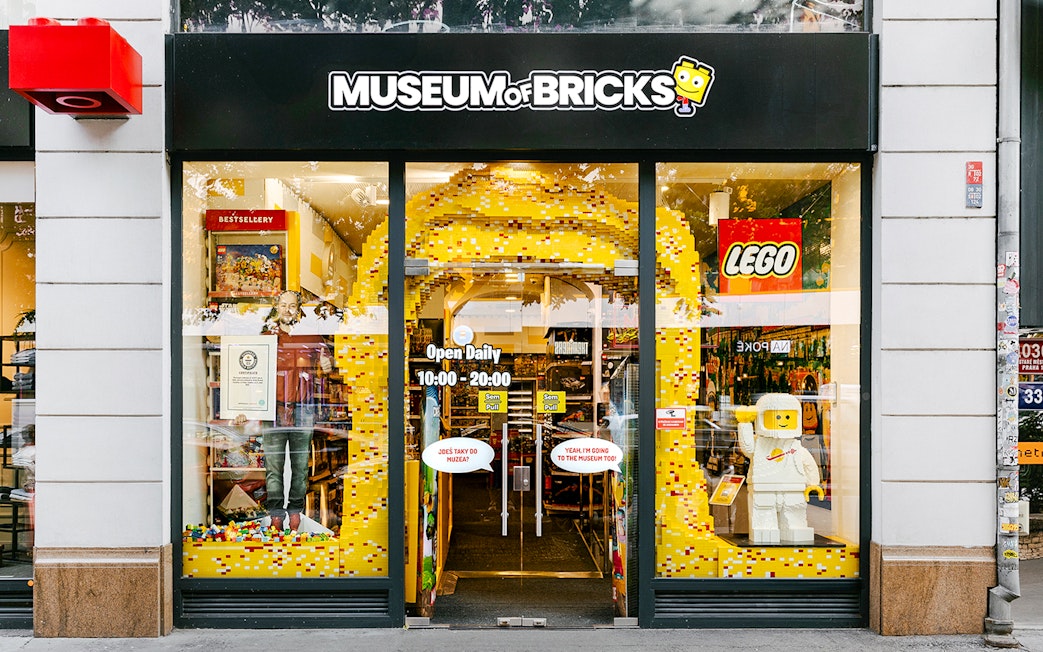 Museum of Bricks entrance with LEGO displays and opening hours.