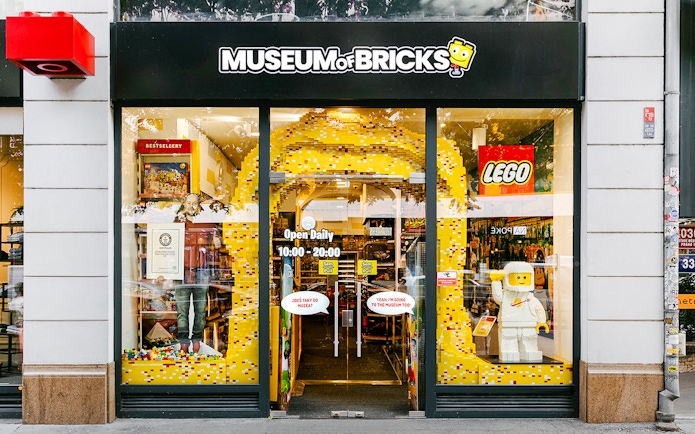Museum of Bricks entrance with LEGO displays and opening hours.