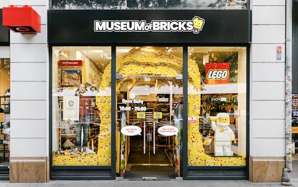 Museum of Bricks entrance with LEGO displays and opening hours.