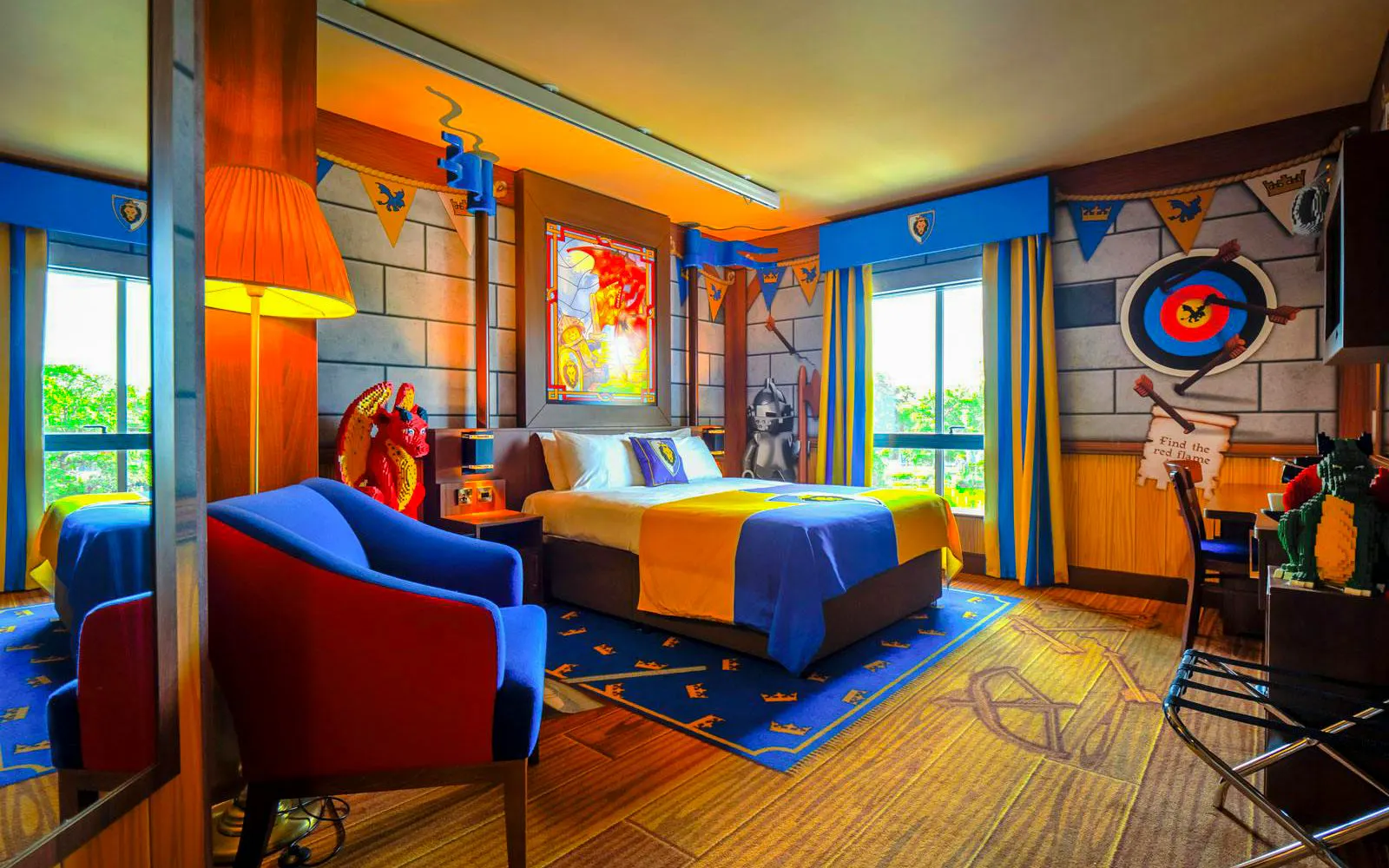 Knight-themed room with colorful decor at Legoland Windsor.
