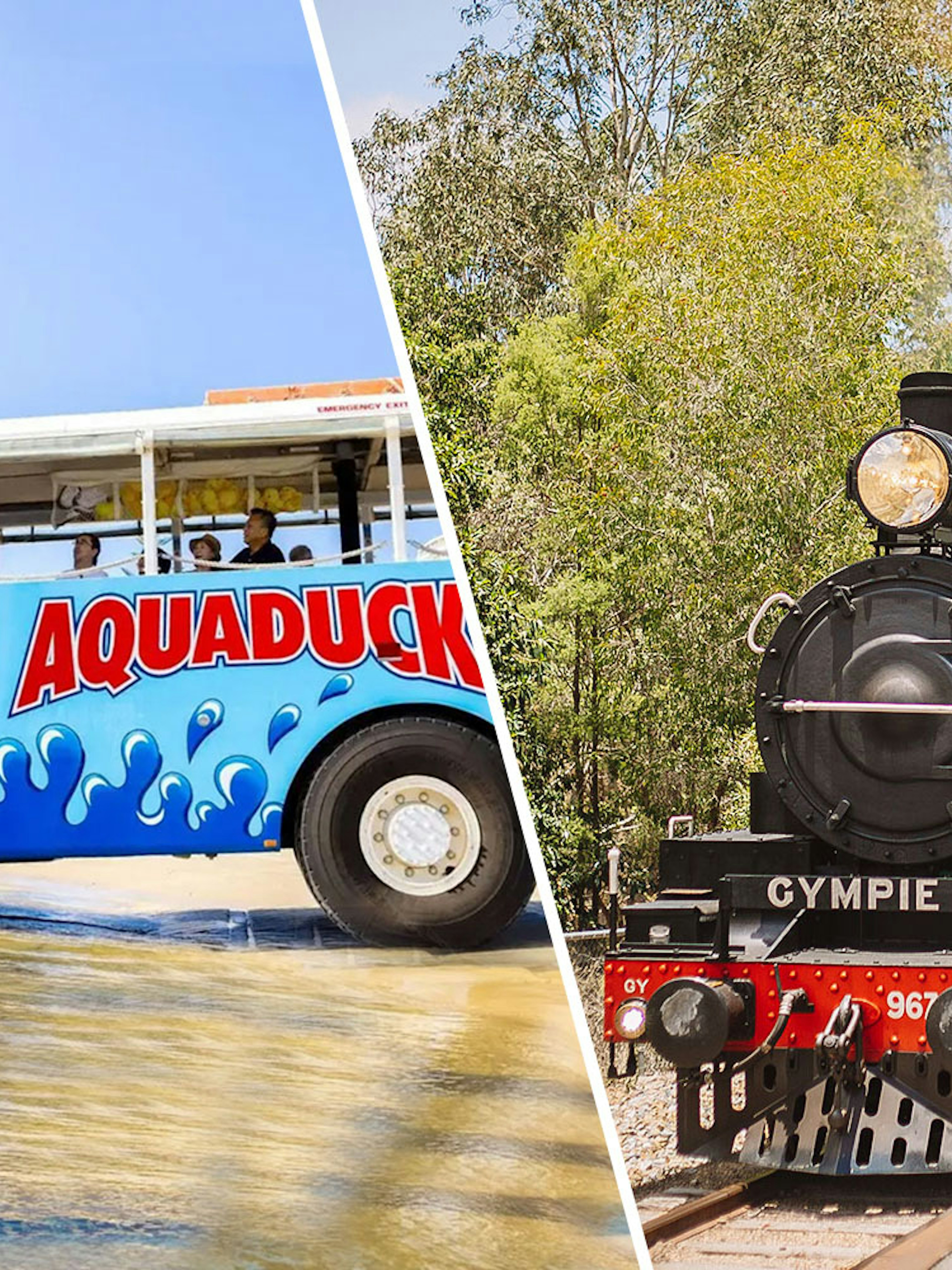 Aquaduck vehicle on water and Mary Valley Rattler train in Gympie, Sunshine Coast tour.