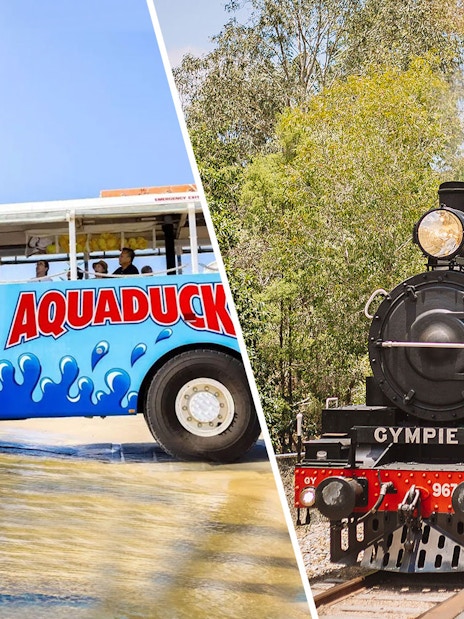 Aquaduck vehicle on water and Mary Valley Rattler train in Gympie, Sunshine Coast tour.