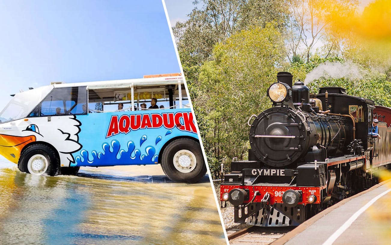 Aquaduck vehicle on water and Mary Valley Rattler train in Gympie, Sunshine Coast tour.