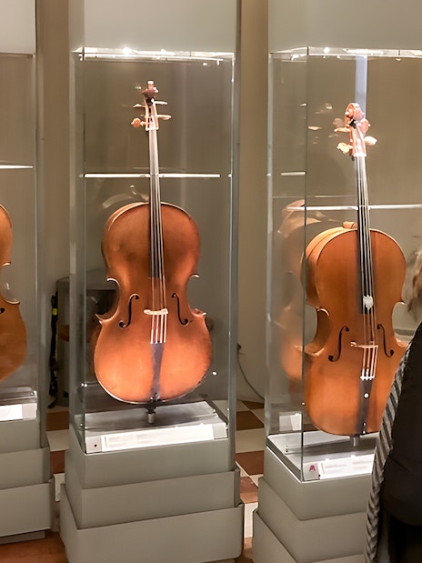 Cellos on display at Accademia Gallery, Florence, viewed by visitors.