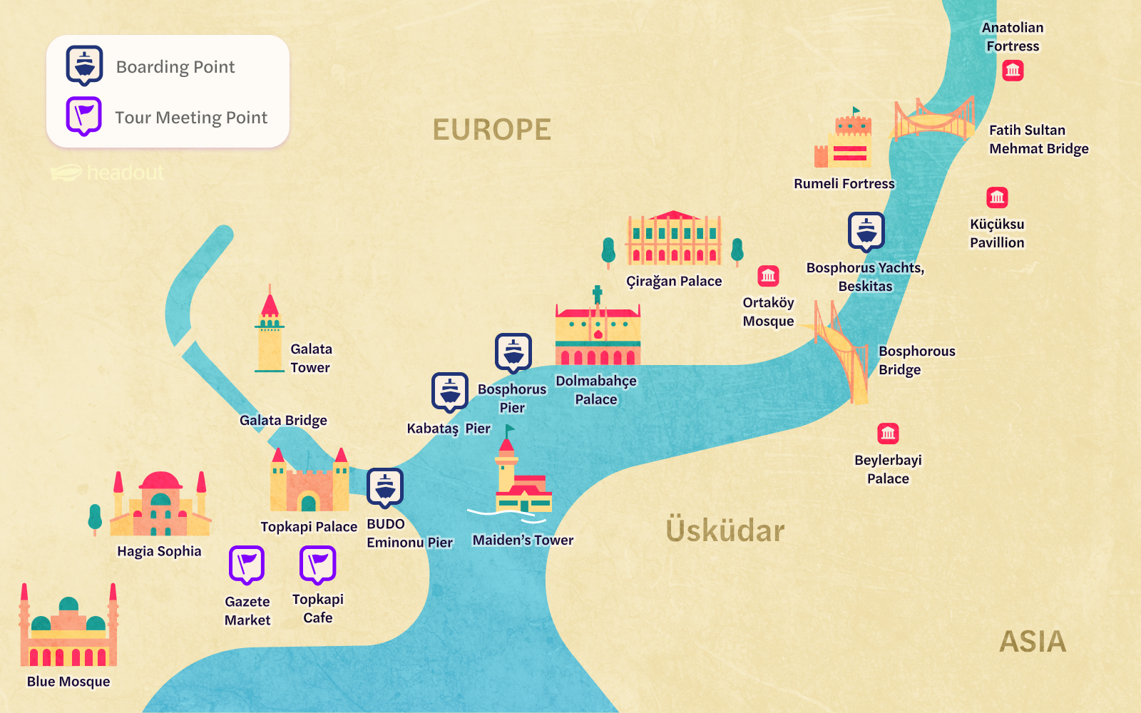 Bosphorus Cruise route map highlighting key Istanbul landmarks and stops.
