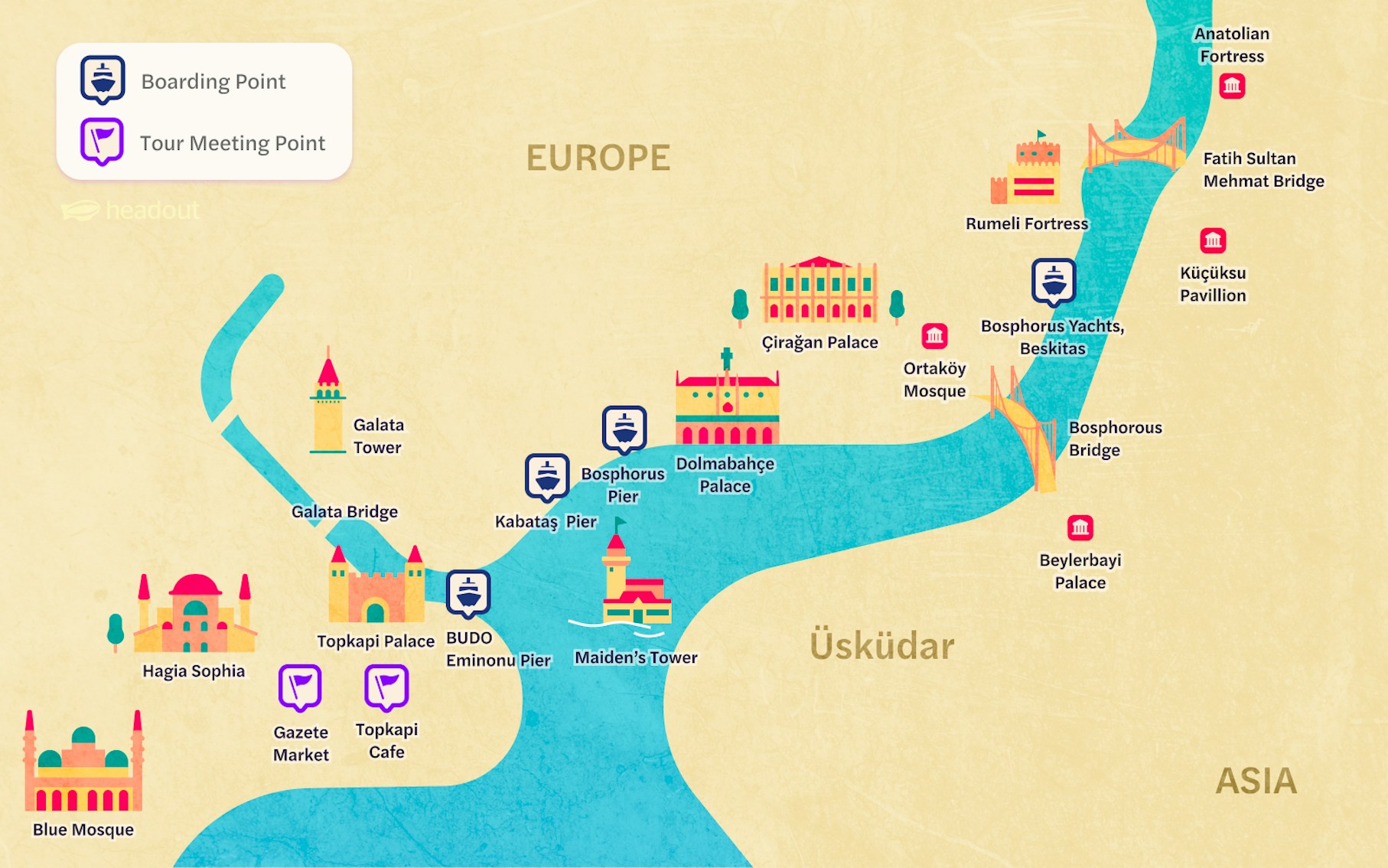 Bosphorus Cruise route map highlighting key Istanbul landmarks and stops.