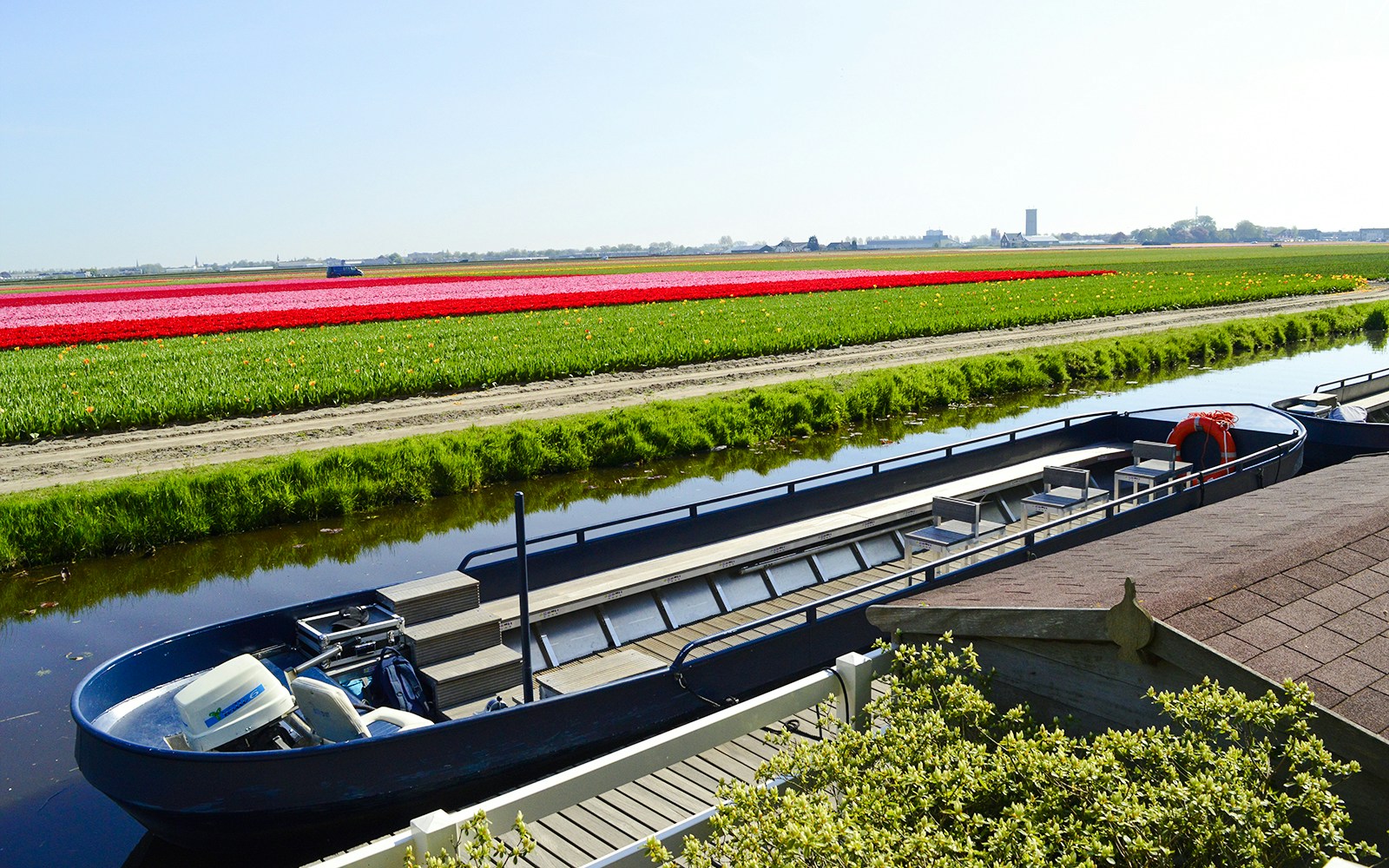 Whisper boat on canal with tulip fields at Keukenhof, Netherlands.