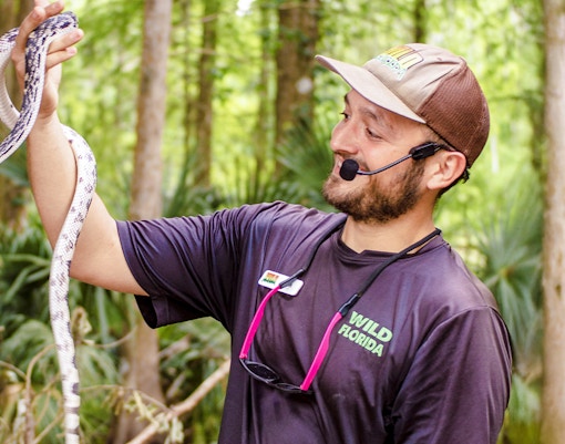Expert handling snake at Everglades Wildlife Park.