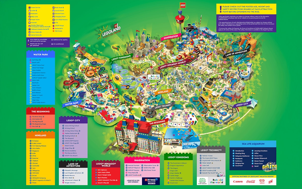 Legoland Malaysia map showing themed areas like Water Park, Lego Kingdoms, and Ninjago World.