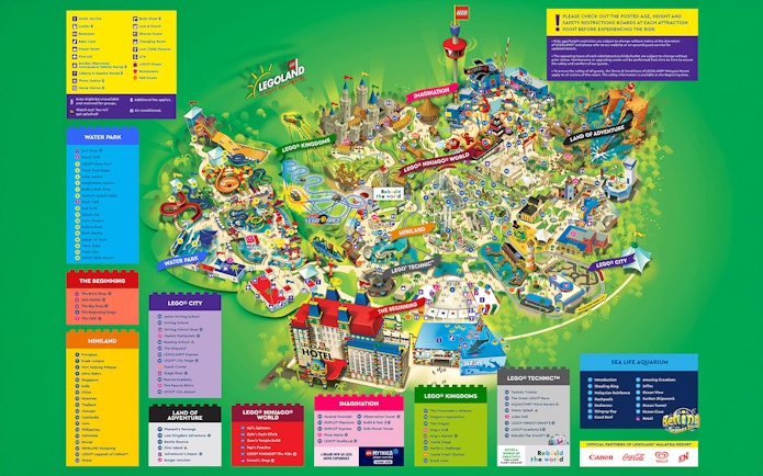 Legoland Malaysia map showing themed areas like Water Park, Lego Kingdoms, and Ninjago World.