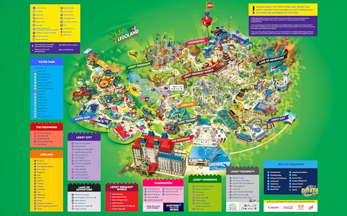Legoland Malaysia map showing themed areas like Water Park, Lego Kingdoms, and Ninjago World.