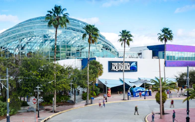 The Florida Aquarium entrance with glass dome and palm trees, Tampa, Florida.