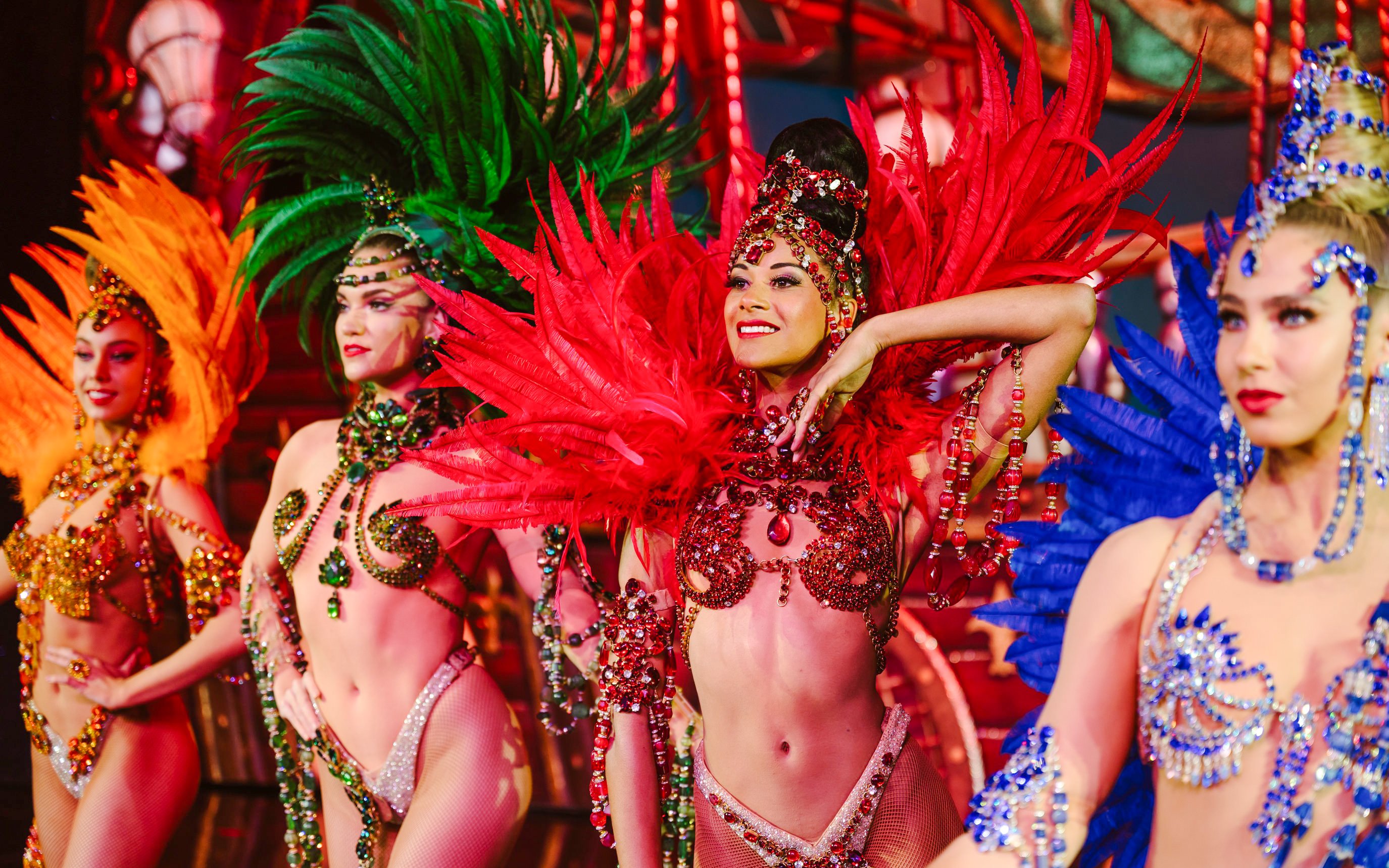 Performers in vibrant costumes at the Moulin Rouge Show, Paris.