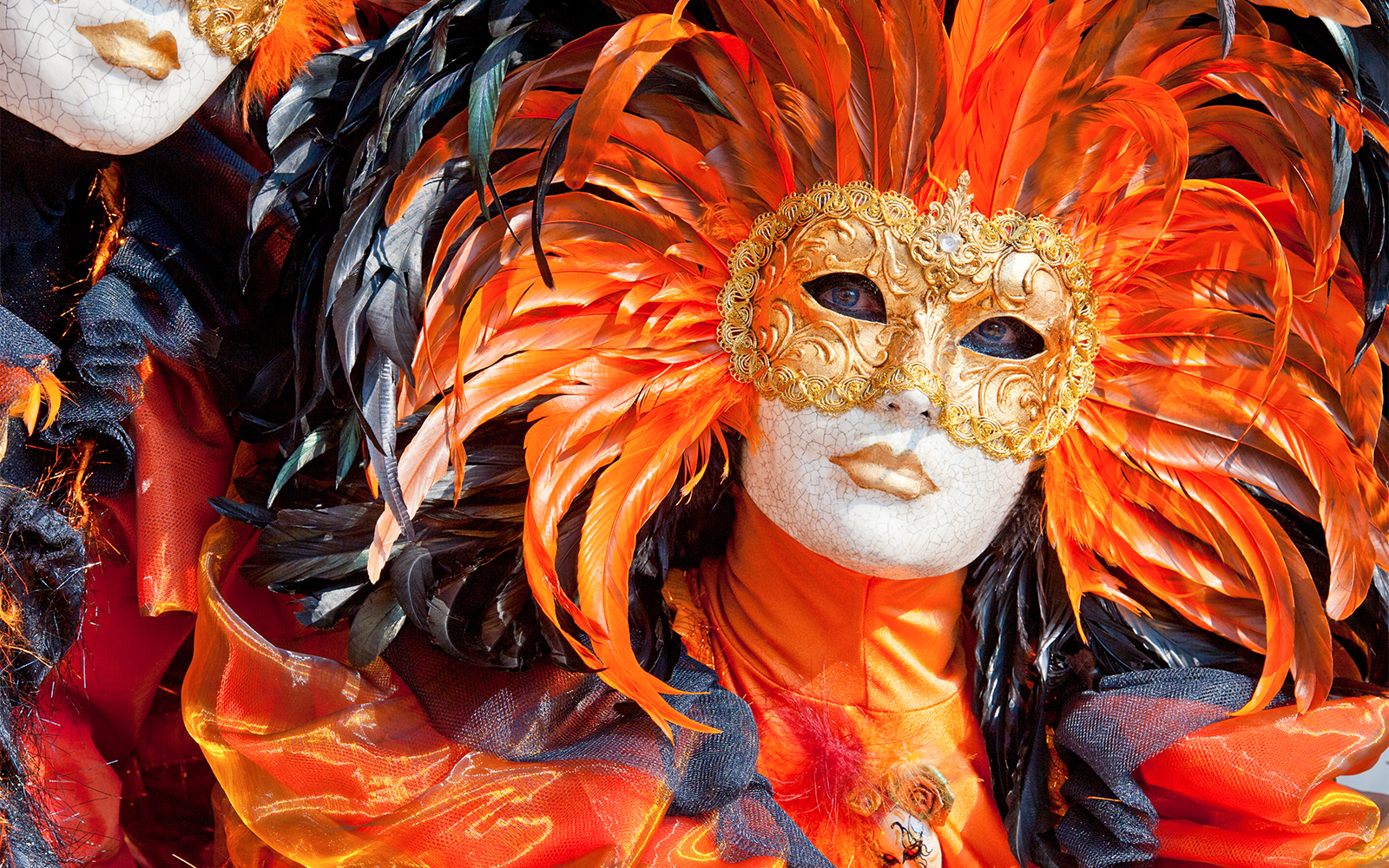 Venetian masks on display during the Venice Carnival in Italy.