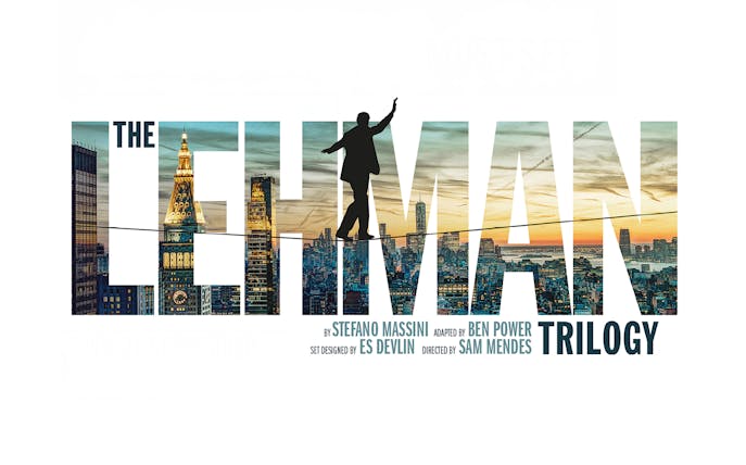 The Lehman Trilogy title with New York City skyline background.
