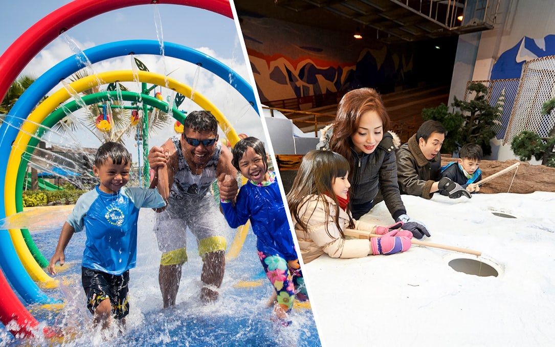 Children and adult enjoying water play area at Wild Wild Wet, Singapore, part of Go City Pass.