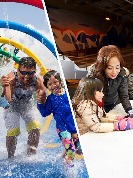 Children and adult enjoying water play area at Wild Wild Wet, Singapore, part of Go City Pass.