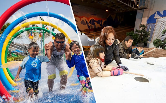 Children and adult enjoying water play area at Wild Wild Wet, Singapore, part of Go City Pass.