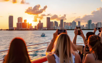 Guests photographing Miami skyline from a cruise at sunset.