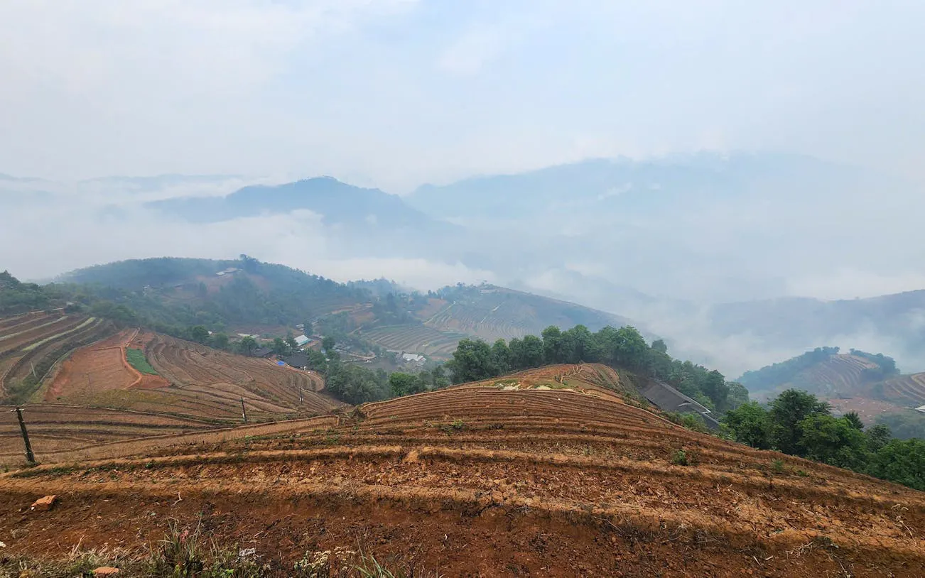 Mu Cang Chai rice terraces with misty mountains in the background, Vietnam.